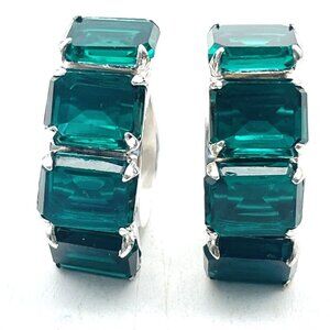 Simulated Emerald Hoop Earrings Silver Tone Screw Back Glam Bling Sparkle Party
